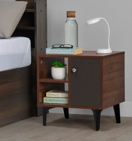 Bestie - Bedside Table (2 Shelves & 1 Door, Dark Walnut & Slate Grey Finish)